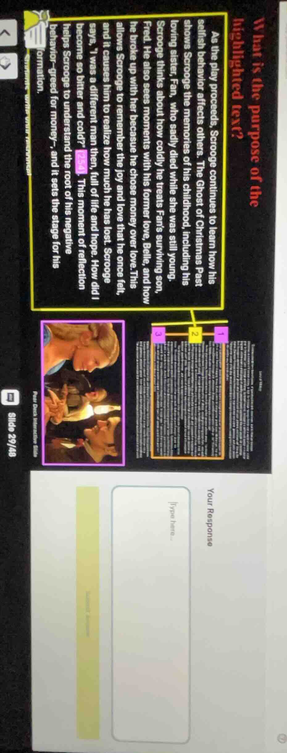 what is the purpose of the highlighted text? as the play proceeds, scro…