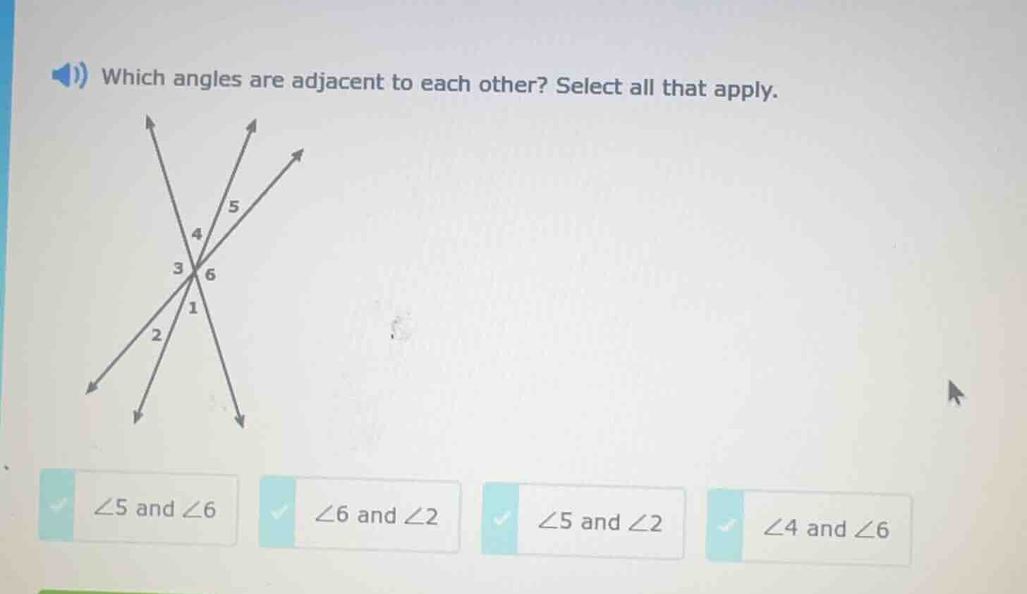which angles are adjacent to each other? select all that apply. (image …