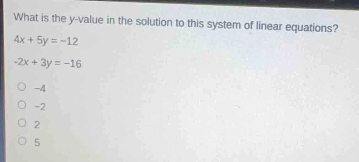 what is the y-value in the solution to this system of linear equations?…