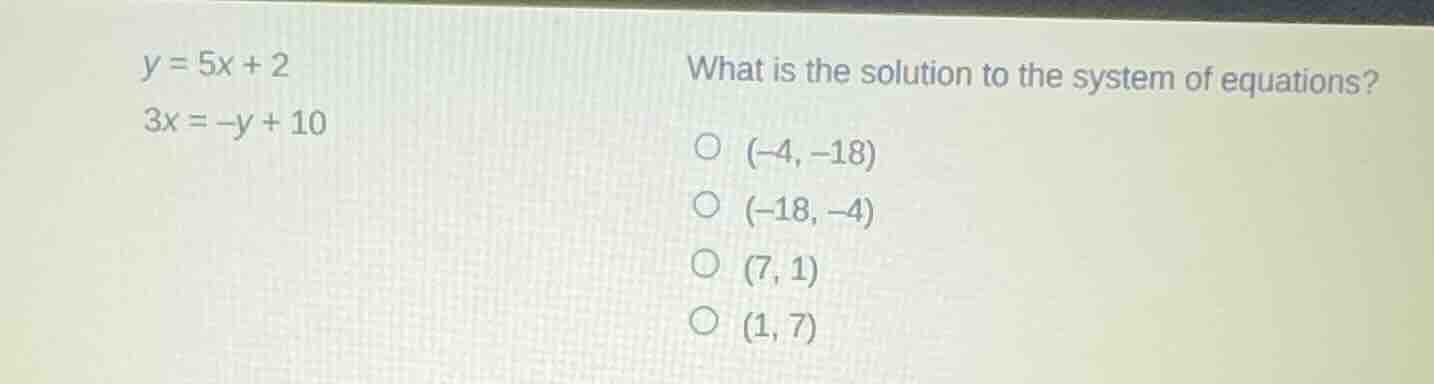 y = 5x + 2 3x = -y + 10 what is the solution to the system of equations…