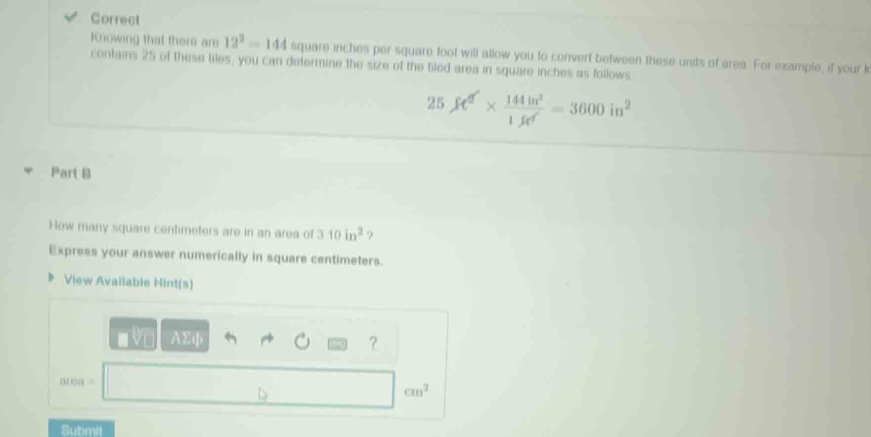 correct knowing that there are $12^2 = 144$ square inches per square fo…