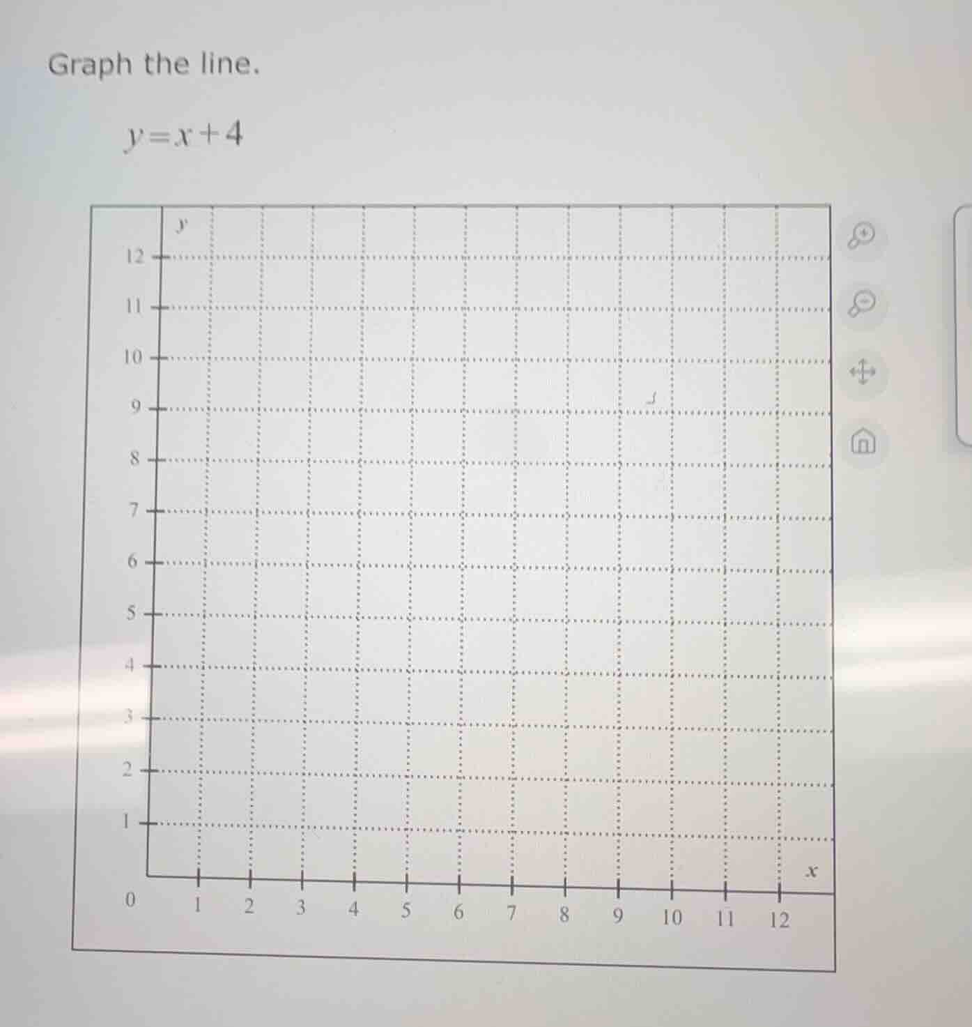 graph the line. $y = x + 4$ grid with x-axis from 0 to 12 and y-axis fr…