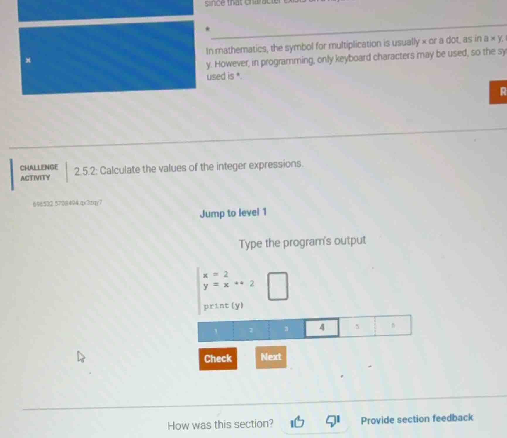 challenge activity 2.5.2: calculate the values of the integer expressio…