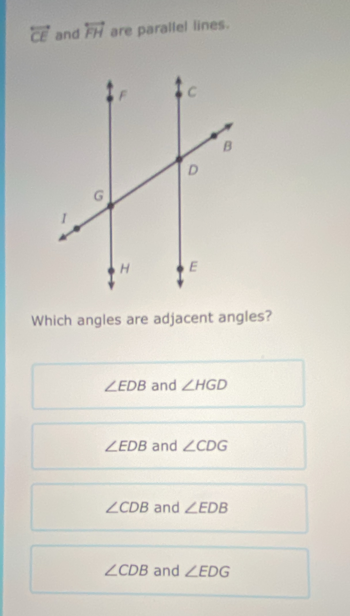 $\\overleftrightarrow{ce}$ and $\\overleftrightarrow{fh}$ are parallel …