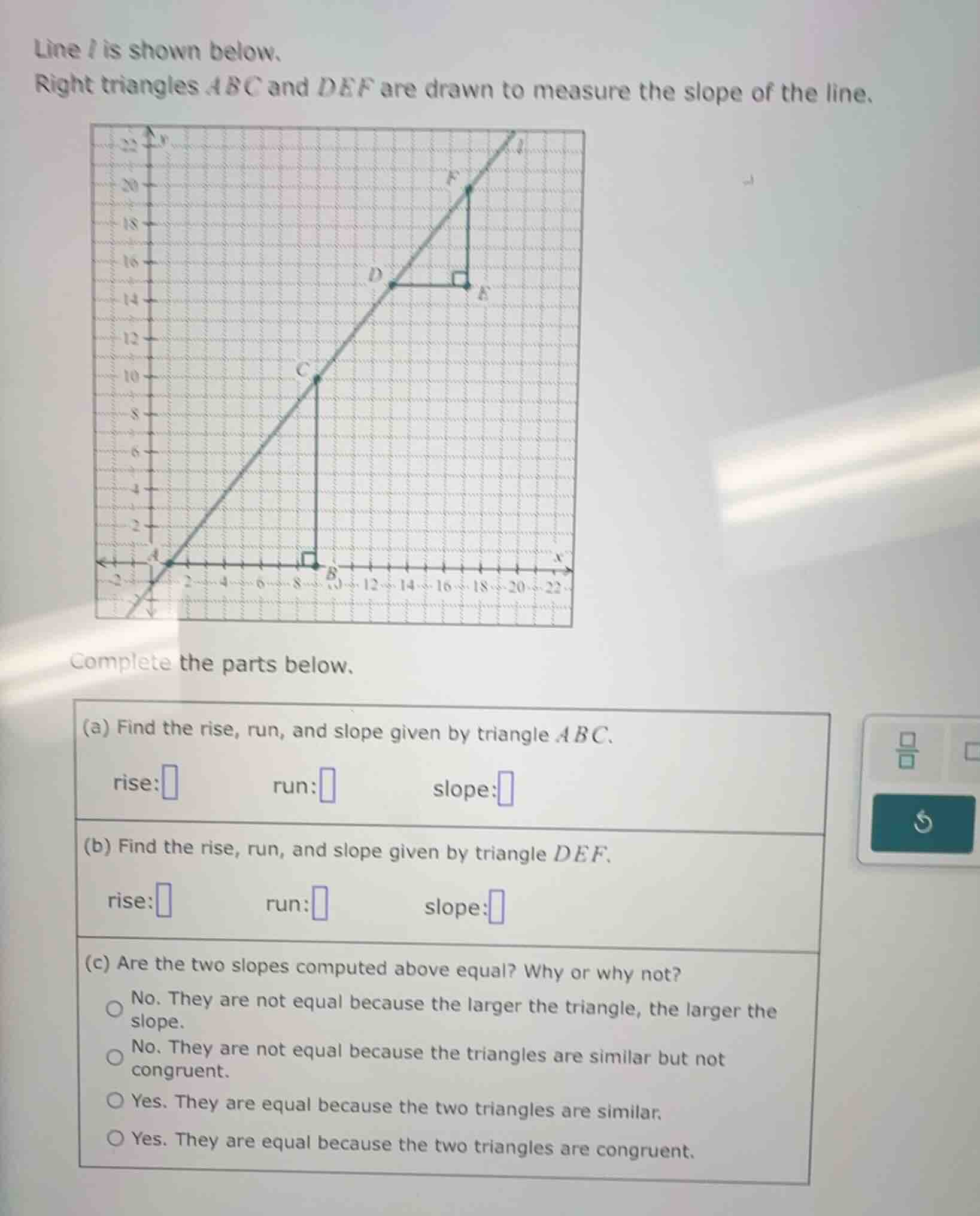 line ( l ) is shown below. right triangles ( abc ) and ( def ) are draw…