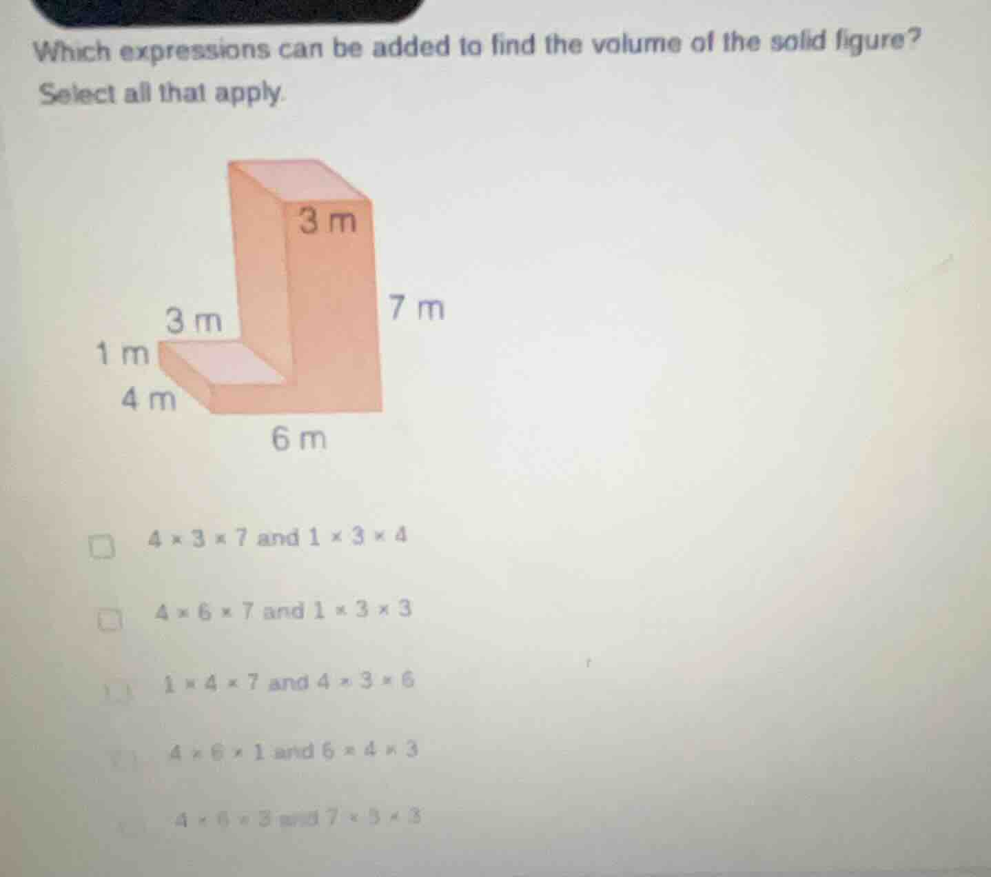which expressions can be added to find the volume of the solid figure? …