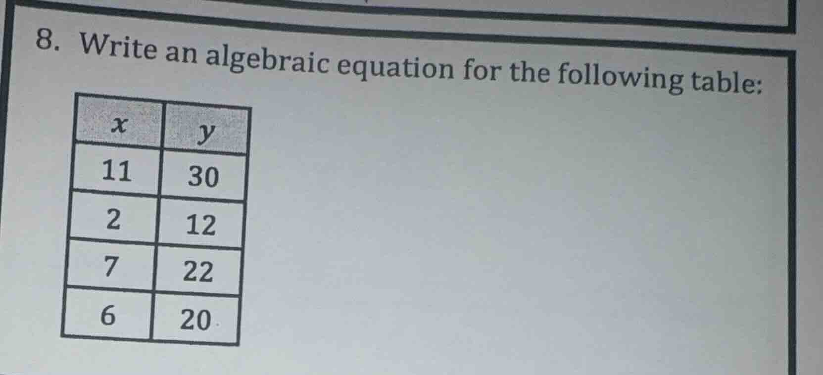 8. write an algebraic equation for the following table: | x | y | |----…
