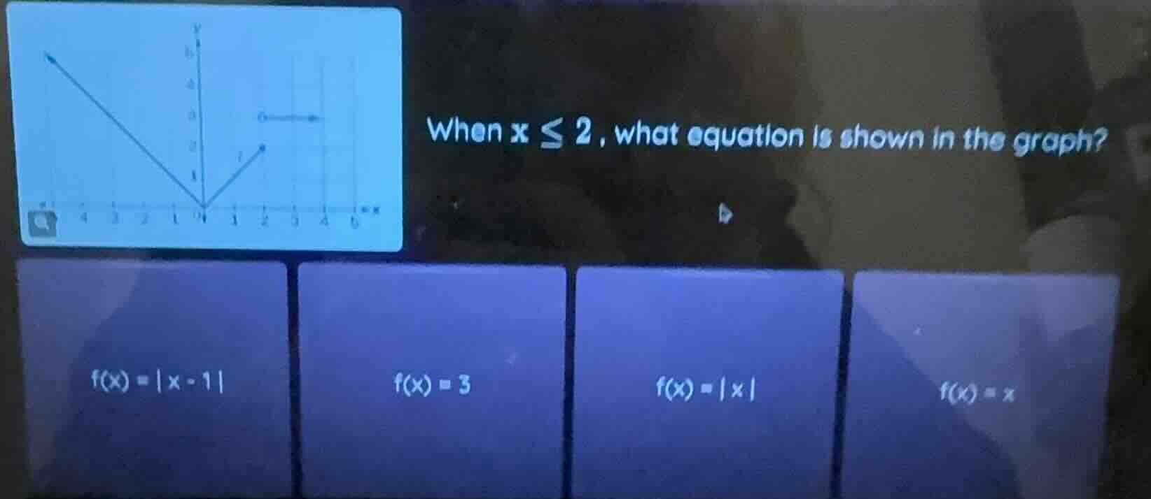 when $x \\leq 2$, what equation is shown in the graph? $f(x)=|x - 1|$ $…