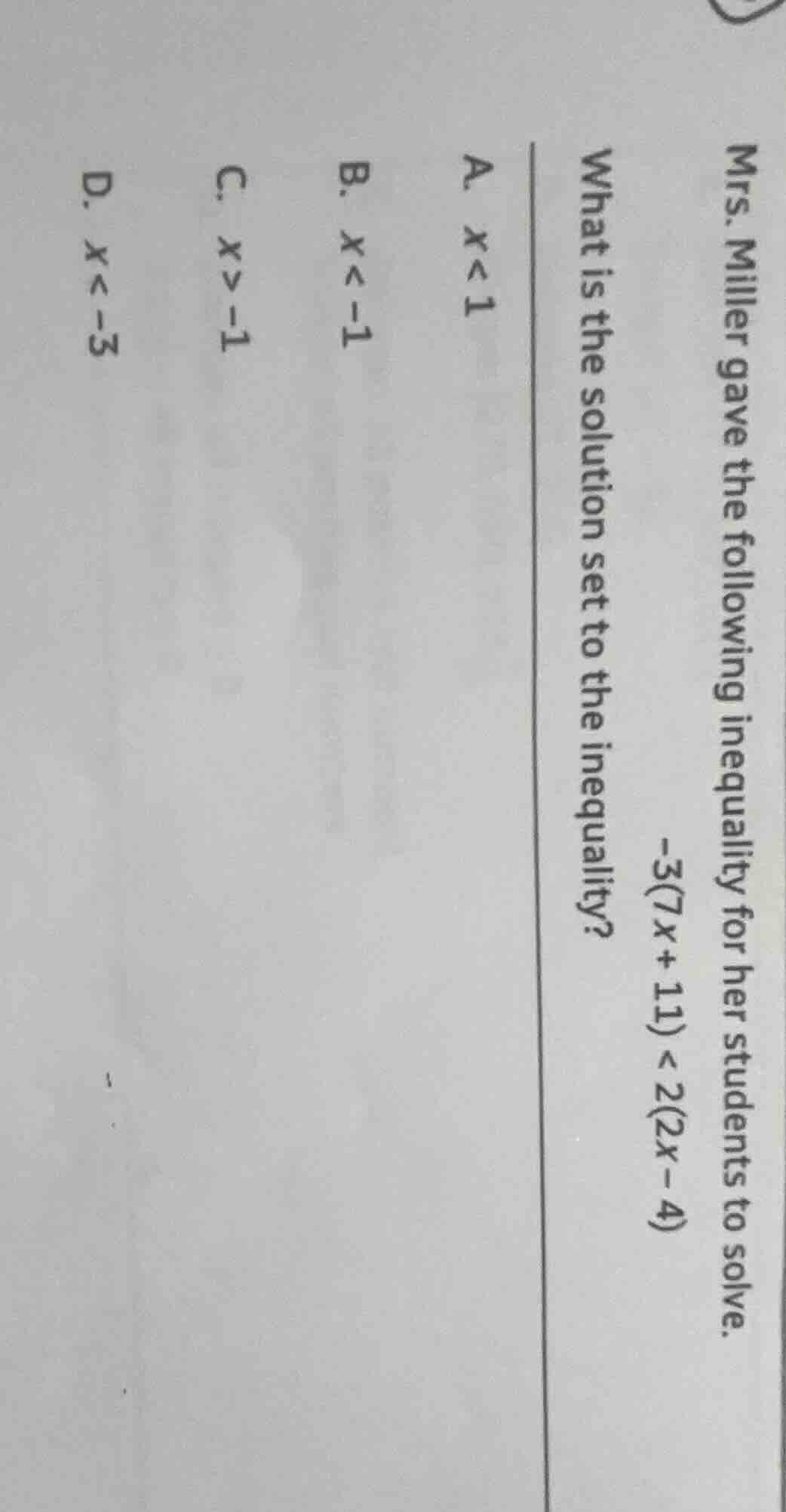mrs. miller gave the following inequality for her students to solve. $-…