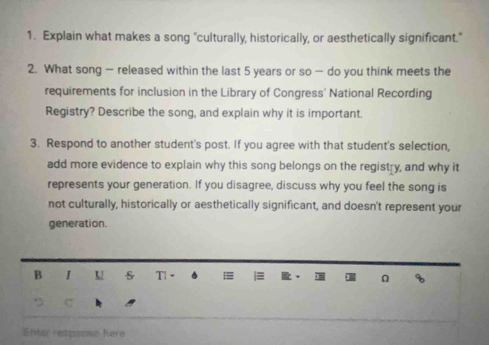 1. explain what makes a song \culturally, historically, or aestheticall…