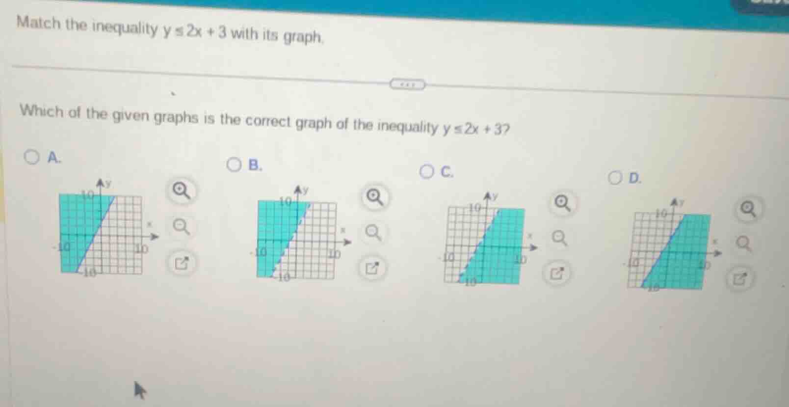 match the inequality $y \\leq 2x + 3$ with its graph. which of the give…