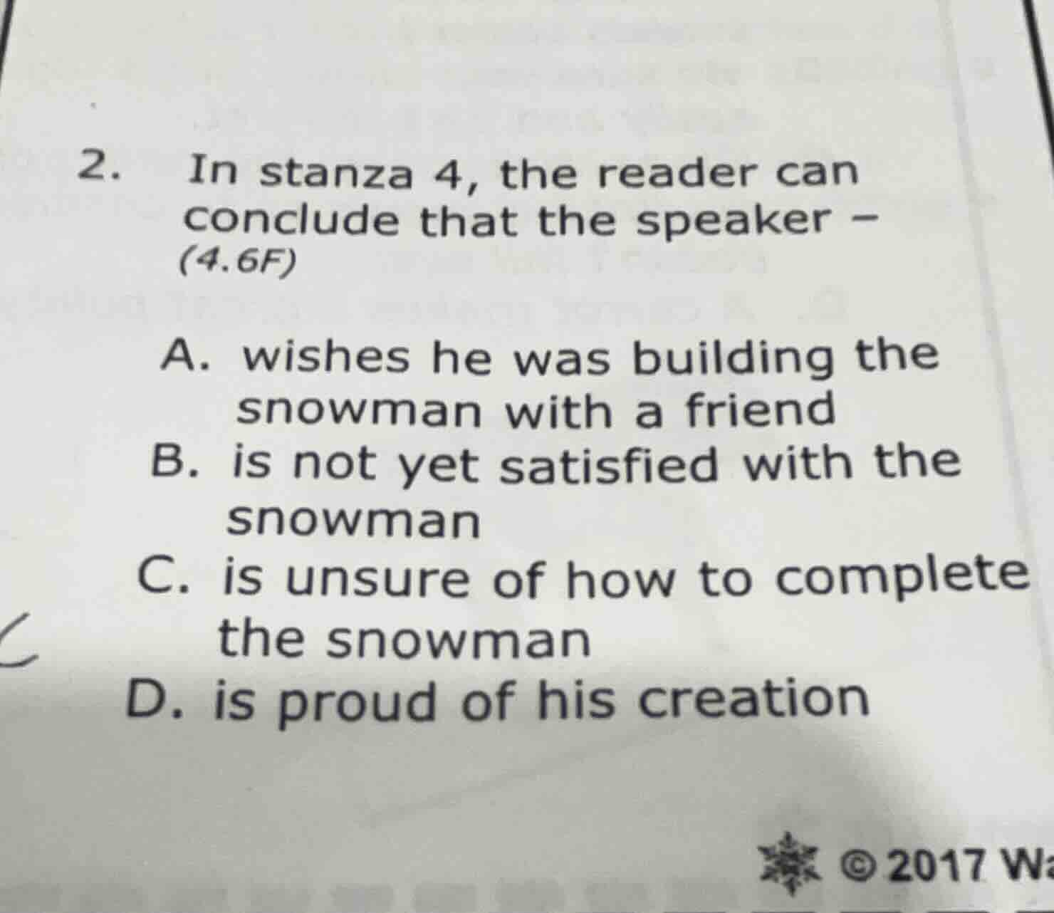 2. in stanza 4, the reader can conclude that the speaker – (4.6f) a. wi…