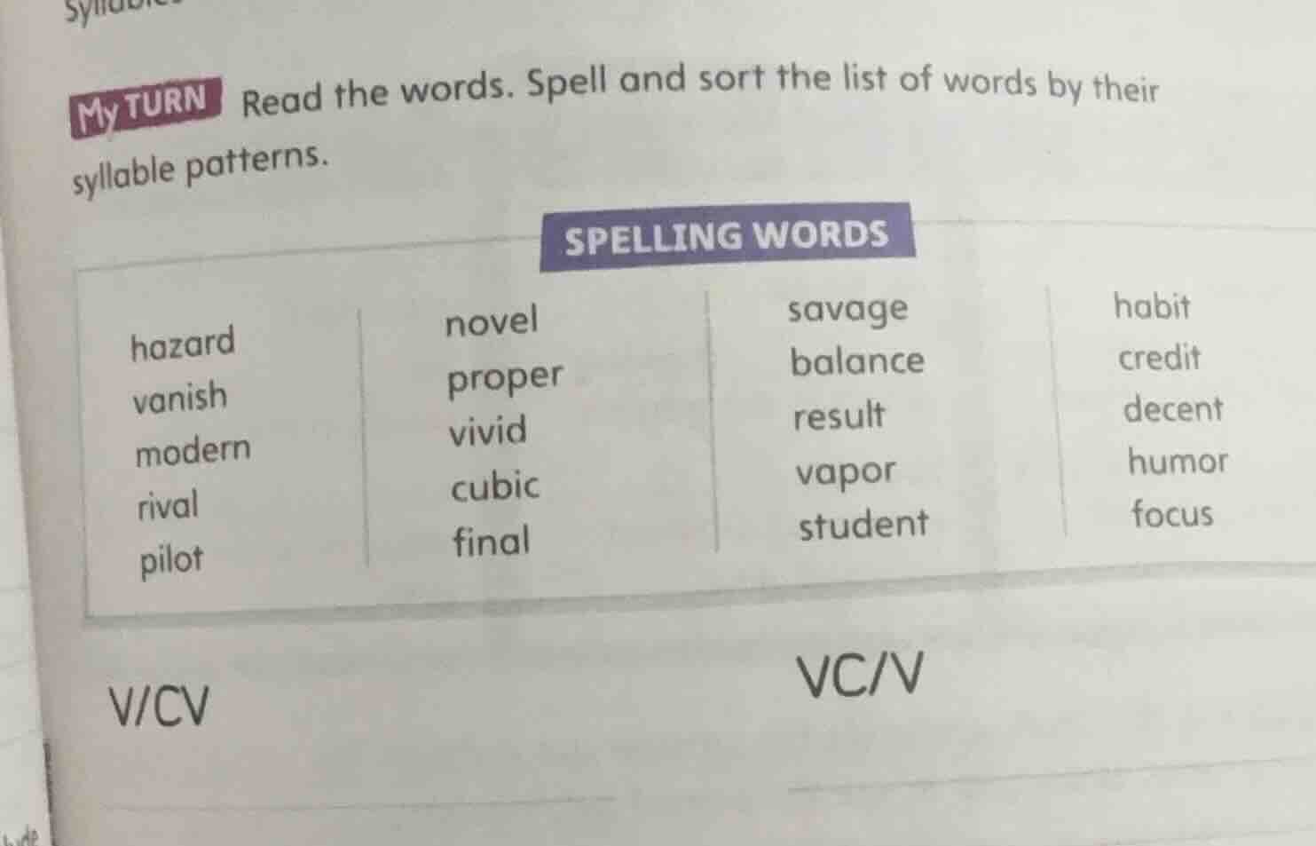 my turn read the words. spell and sort the list of words by their sylla…