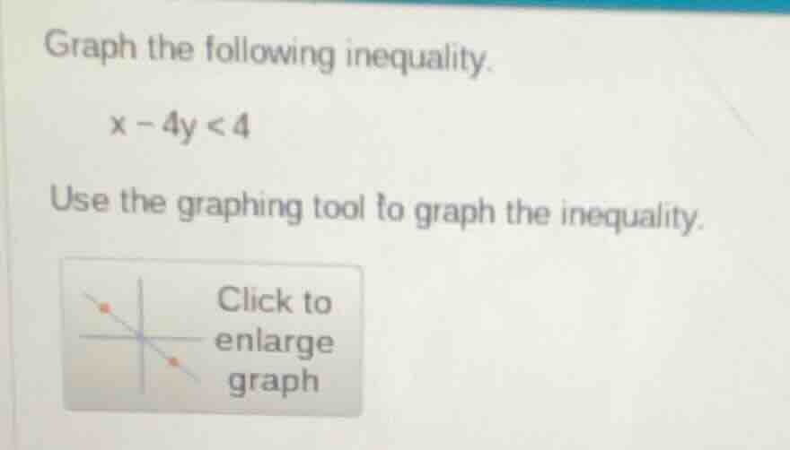 graph the following inequality. x - 4y < 4 use the graphing tool to gra…