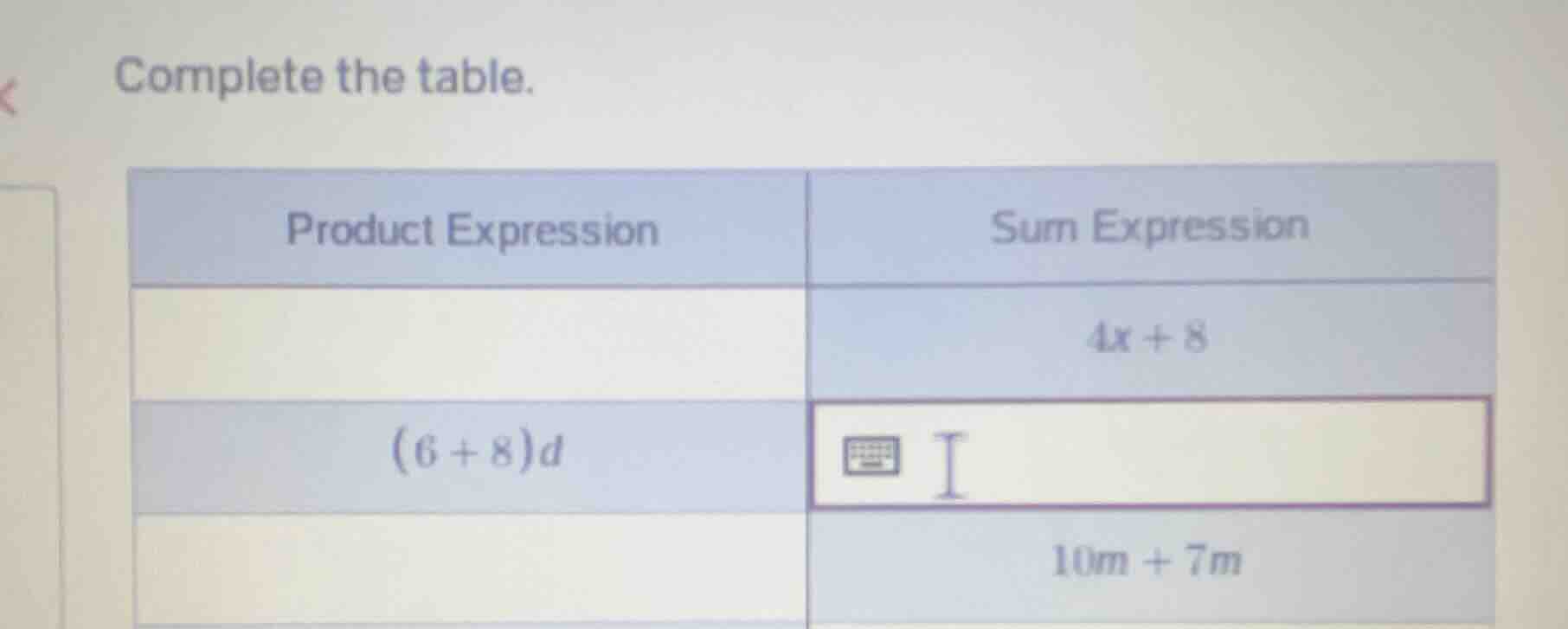 complete the table. product expression | sum expression | 4x + 8 (6 + 8…