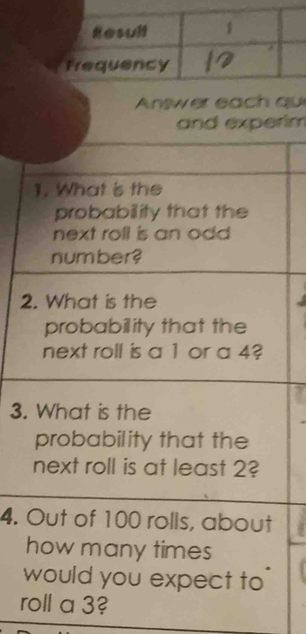 result 1 frequency 10 answer each qu and experim 1. what is the probabi…