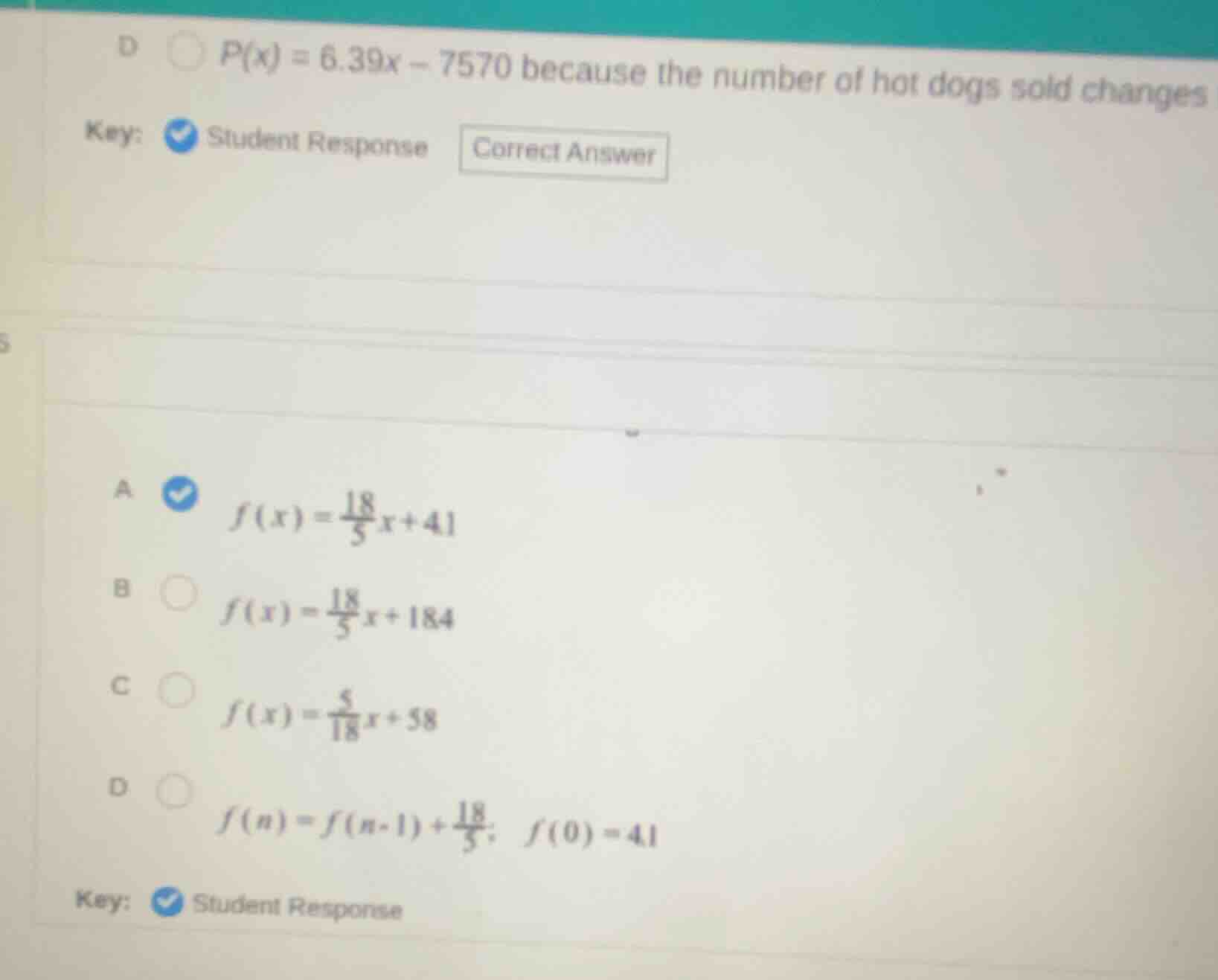 d $p(x) = 6.39x - 7570$ because the number of hot dogs sold changes key…