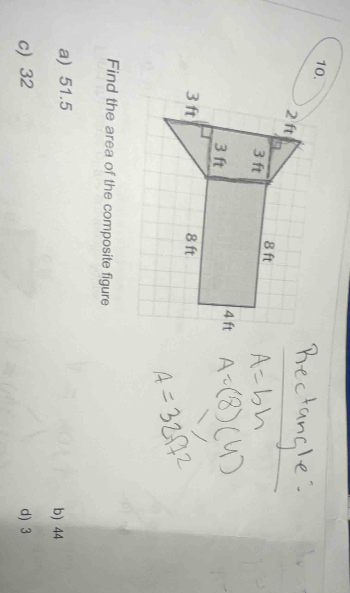 10. find the area of the composite figure a) 51.5 c) 32 b) 44 d) 3 rect…