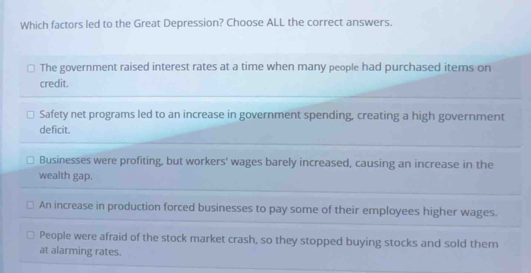 which factors led to the great depression? choose all the correct answe…