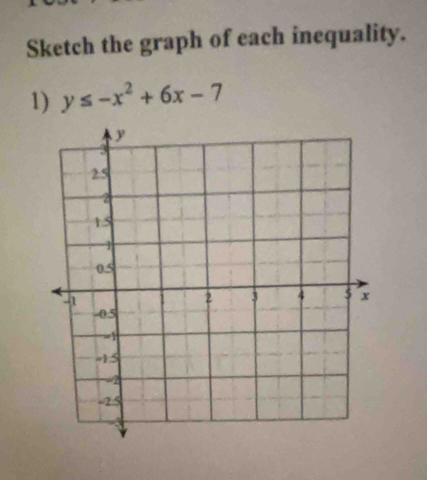 sketch the graph of each inequality. 1) $y \\leq -x^2 + 6x - 7$