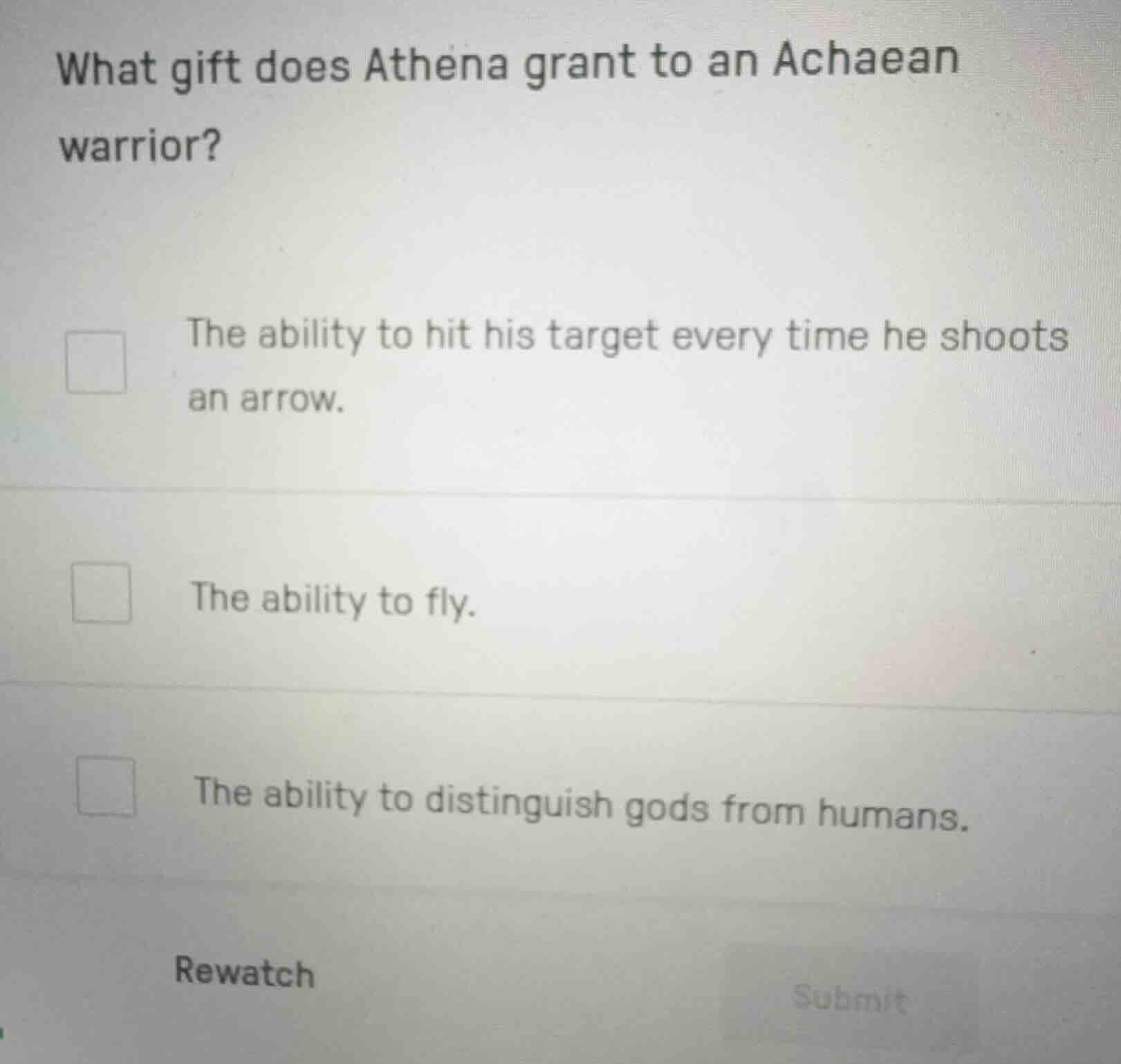 what gift does athena grant to an achaean warrior? the ability to hit h…