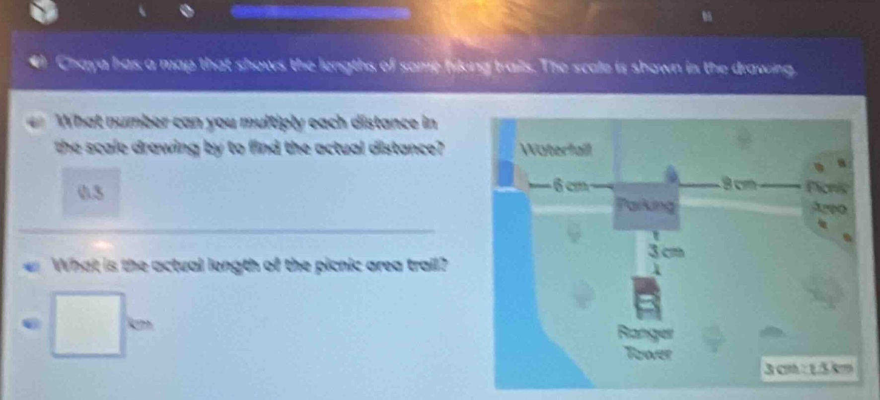onaya has a map that shows the lengths of some hiking trails. the scale…