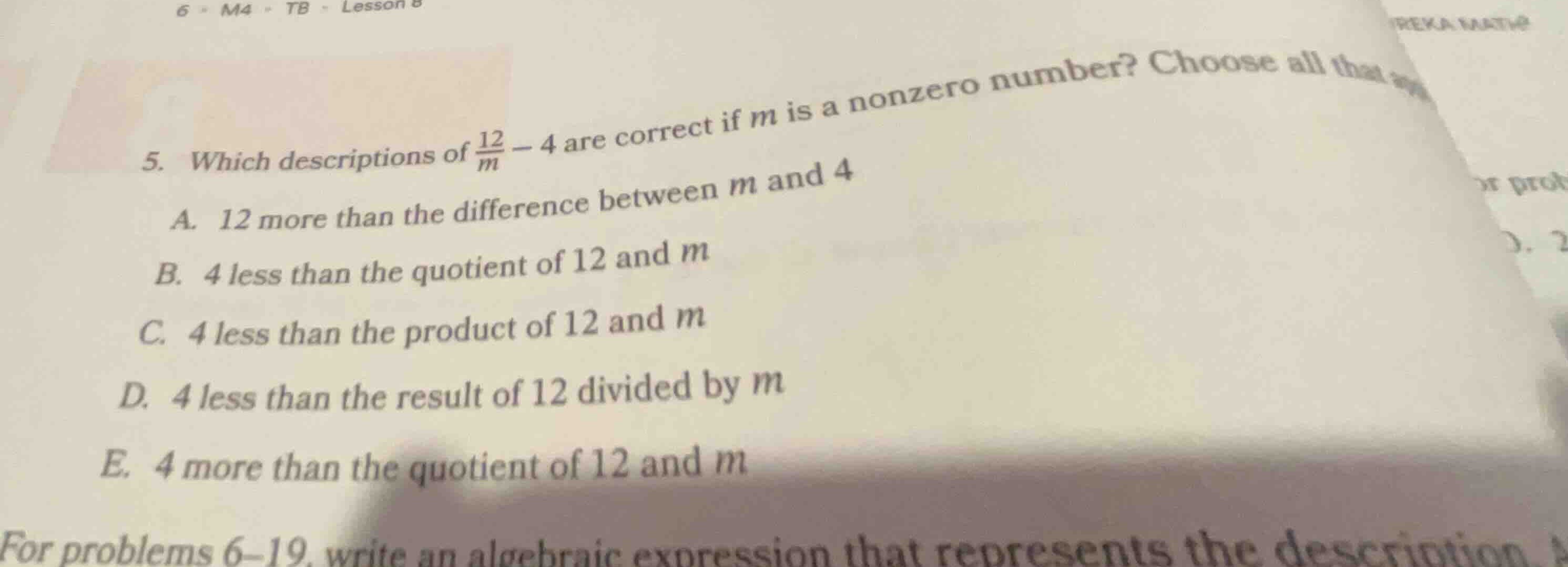 5. which descriptions of \\(\\frac{12}{m} - 4\\) are correct if \\(m\\)…