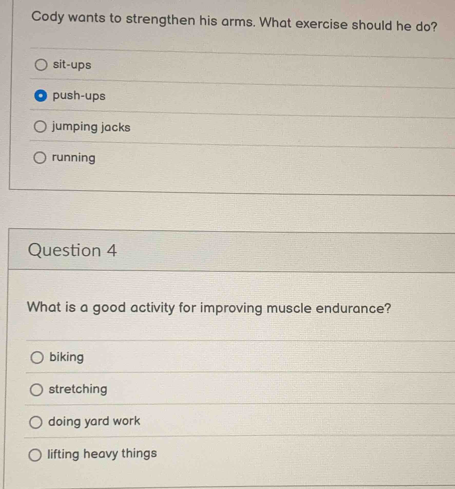 cody wants to strengthen his arms. what exercise should he do? sit - up…