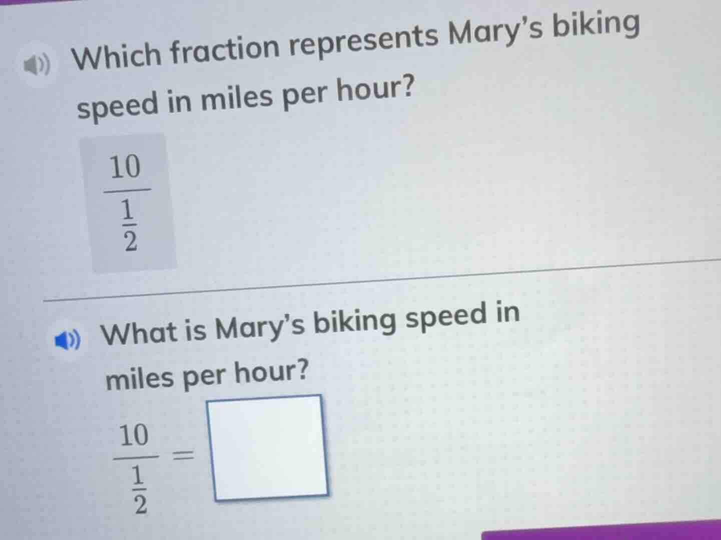 which fraction represents mary’s biking speed in miles per hour?\\(dfra…