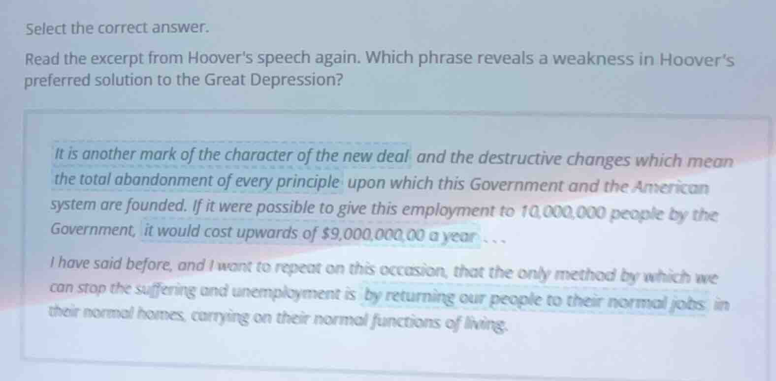 select the correct answer. read the excerpt from hoovers speech again. …