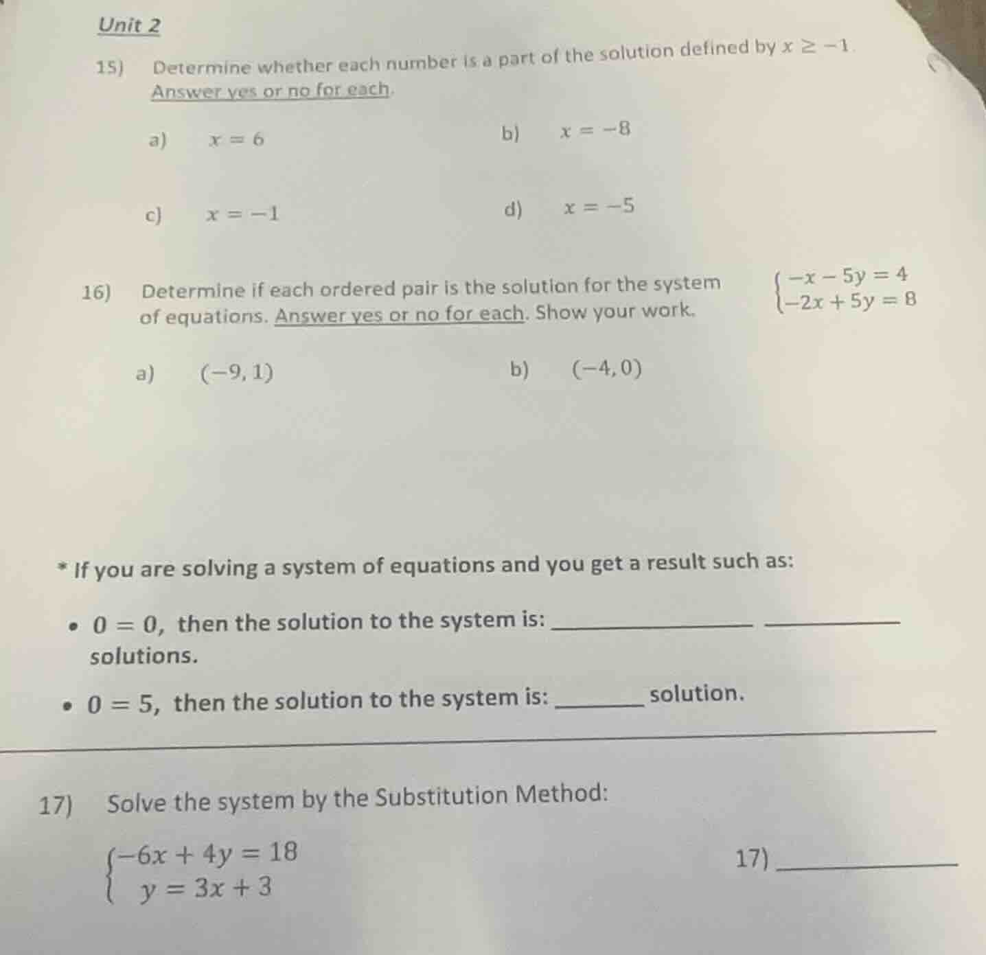 unit 2 15) determine whether each number is a part of the solution defi…
