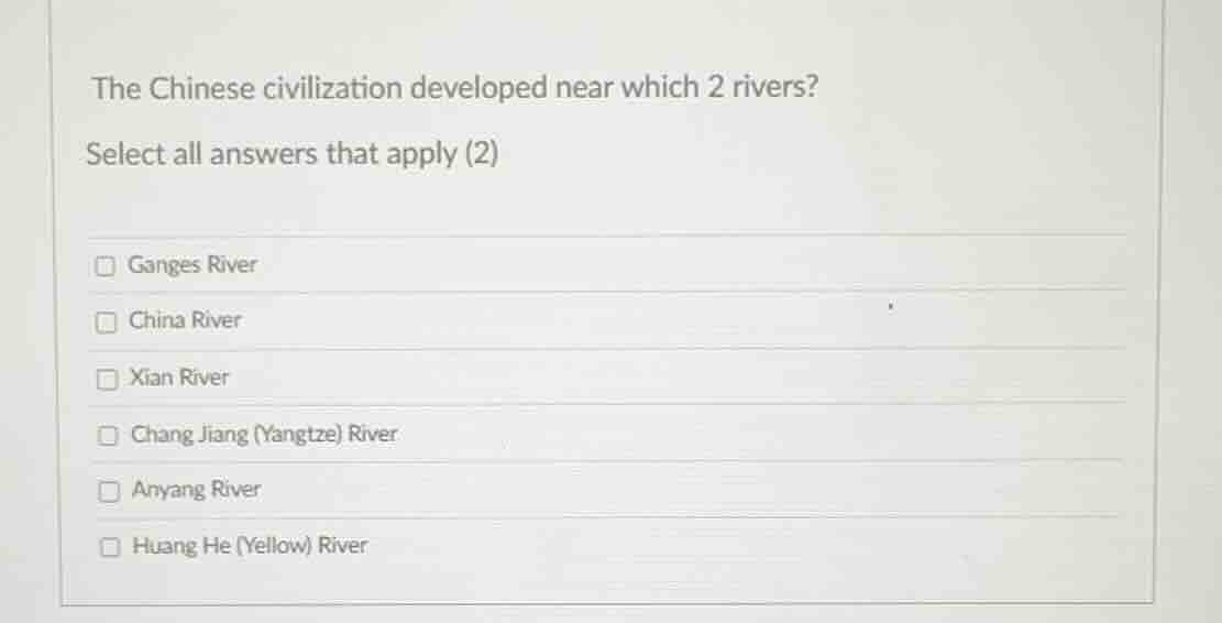 the chinese civilization developed near which 2 rivers? select all answ…