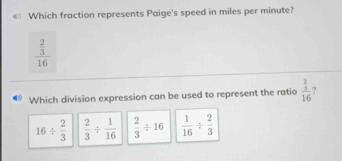 which fraction represents paiges speed in miles per minute?\\(\frac{\fr…