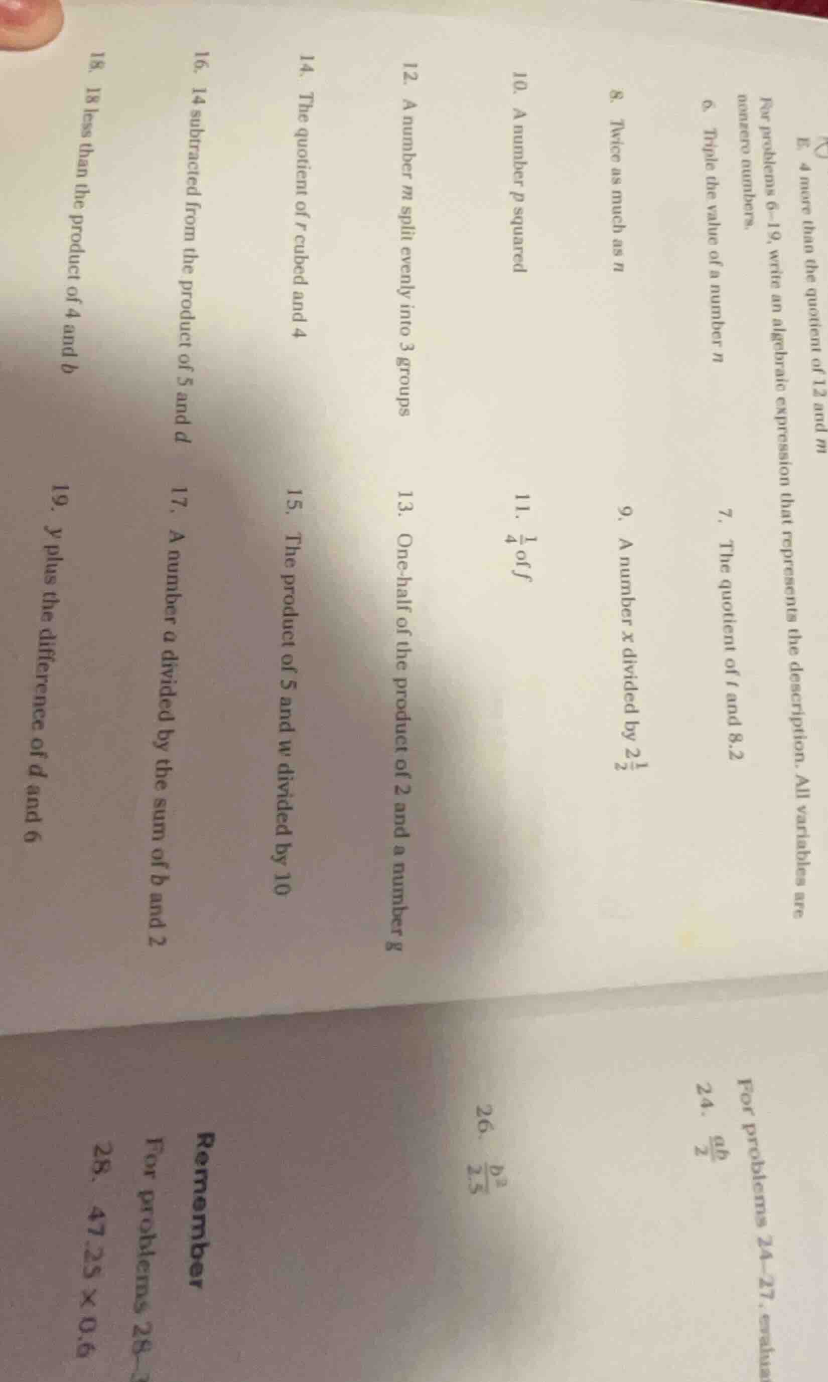 for problems 6–19, write an algebraic expression that represents the de…