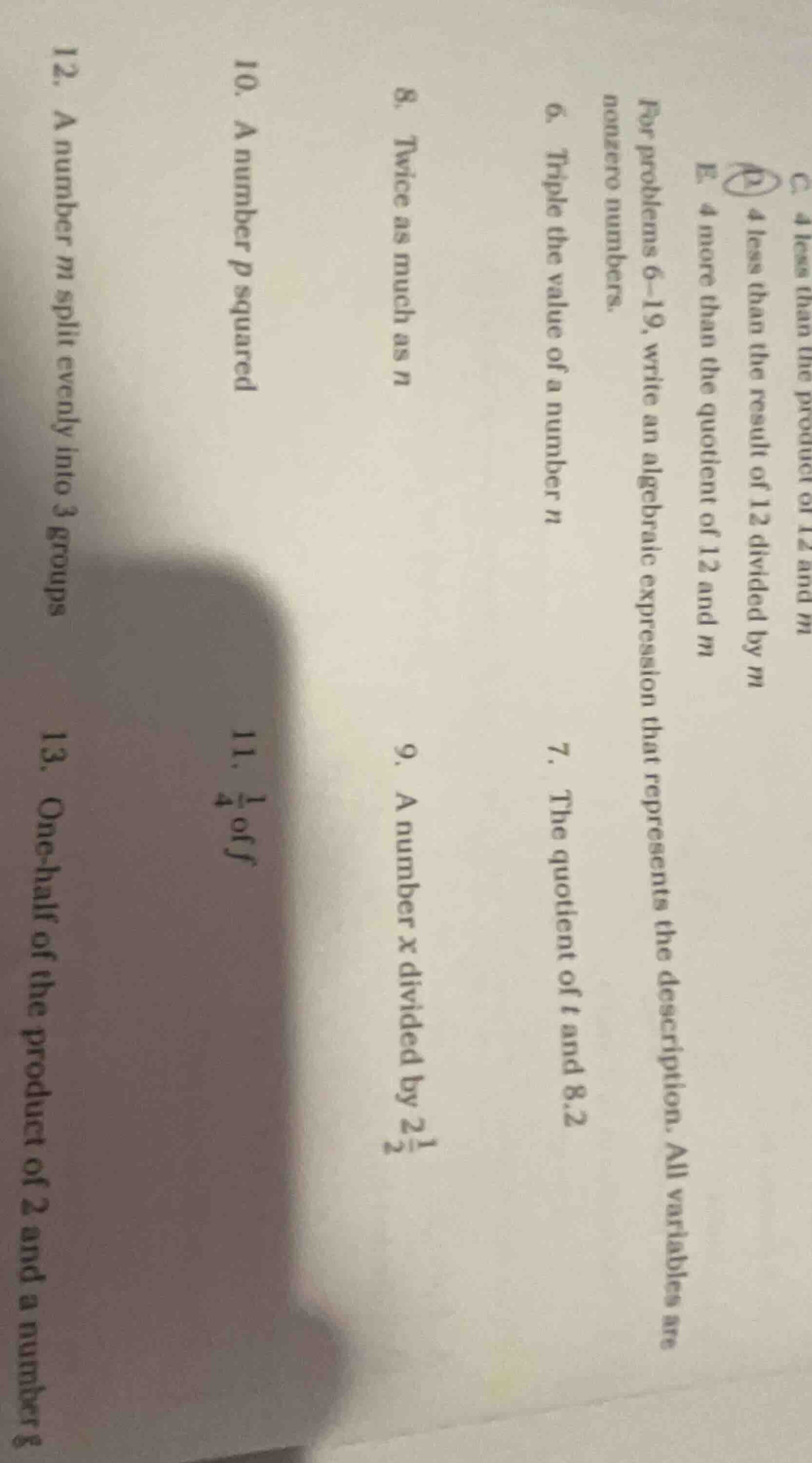 for problems 6–19, write an algebraic expression that represents the de…