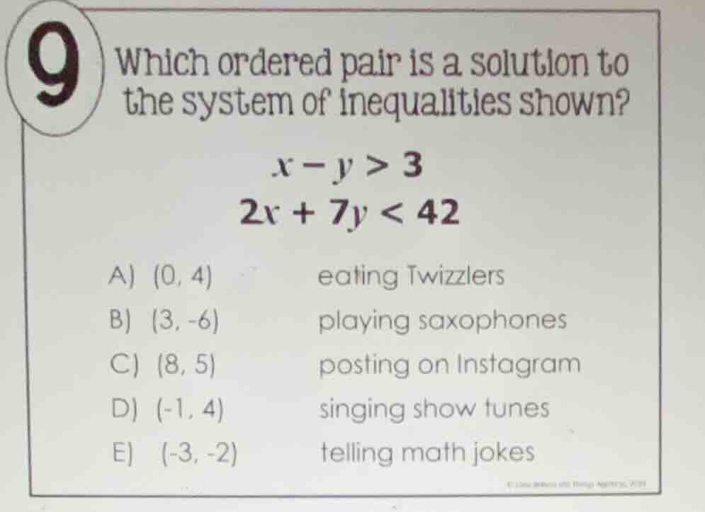 9 which ordered pair is a solution to the system of inequalities shown?…