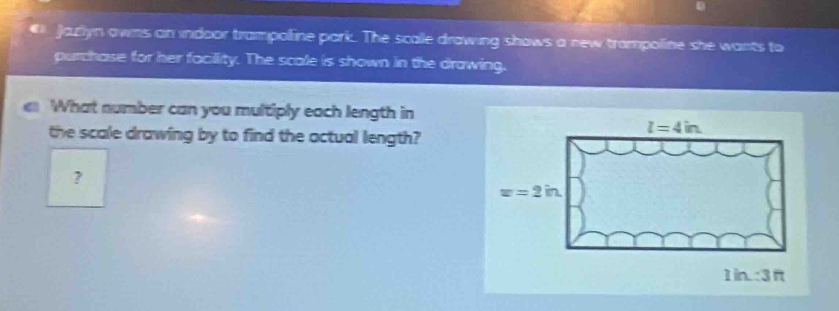 jadyn owns an indoor trampoline park. the scale drawing shows a new tra…