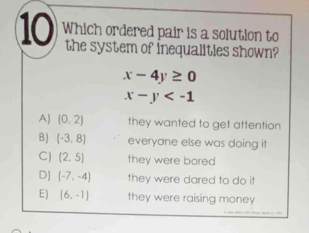 10 which ordered pair is a solution to the system of inequalities shown…