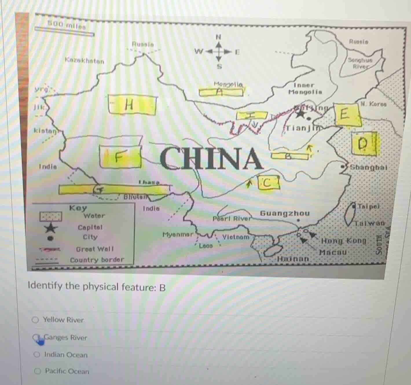 identify the physical feature: b yellow river ganges river indian ocean…