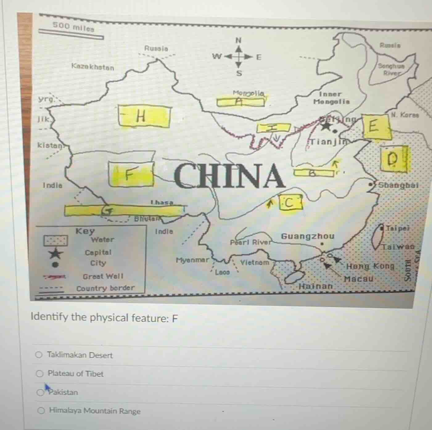 identify the physical feature: f taklimakan desert plateau of tibet pak…