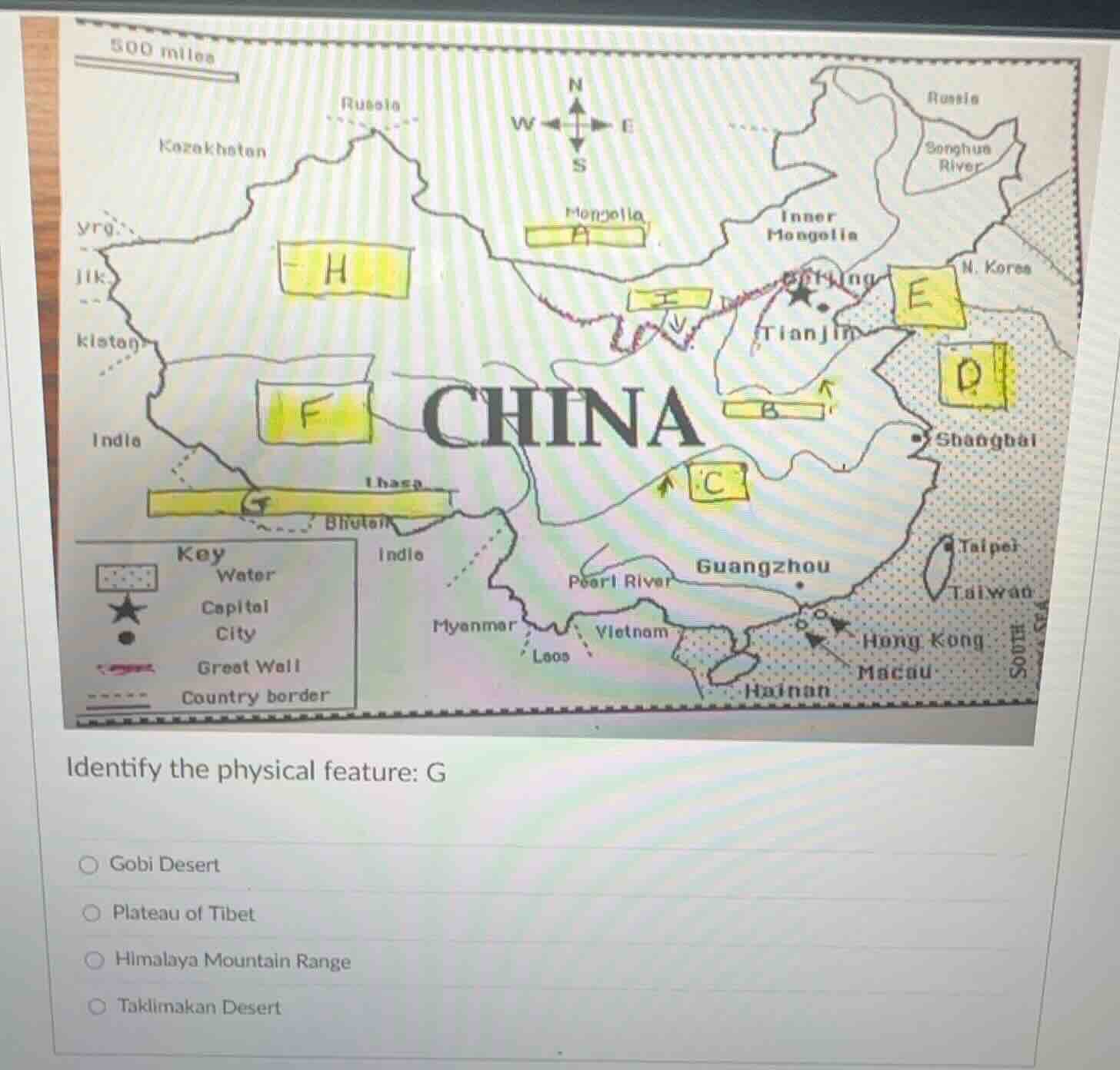 identify the physical feature: g ○ gobi desert ○ plateau of tibet ○ him…