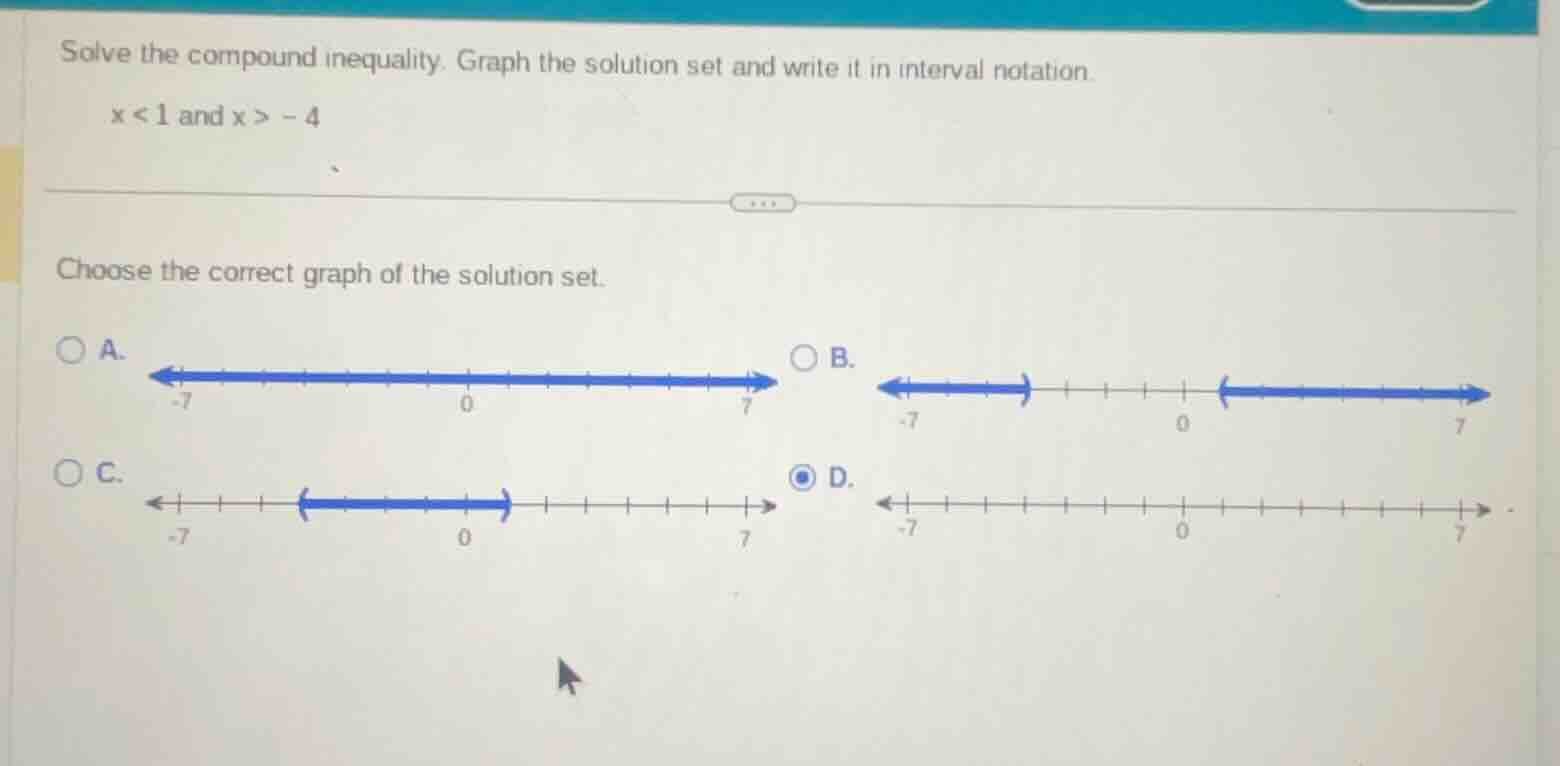 solve the compound inequality. graph the solution set and write it in i…