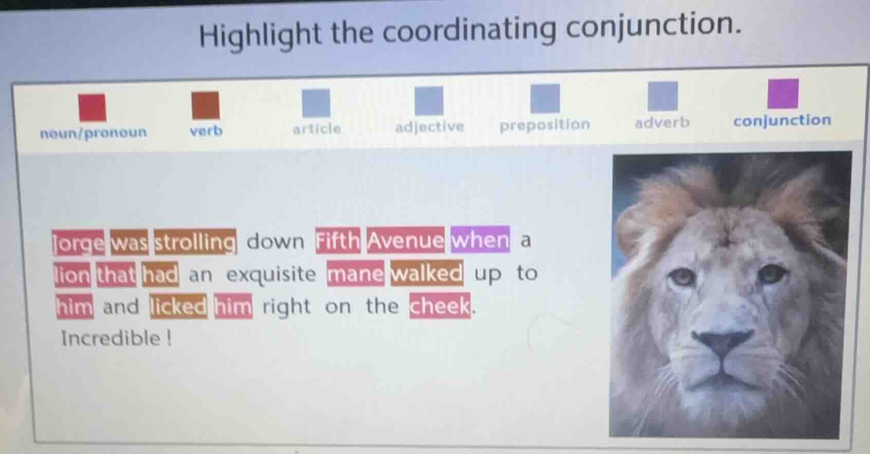 highlight the coordinating conjunction. noun/pronoun verb article adjec…