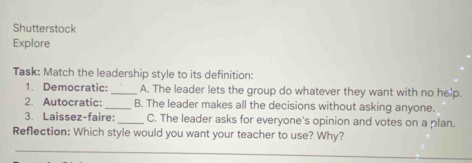 shutterstock explore task: match the leadership style to its definition…