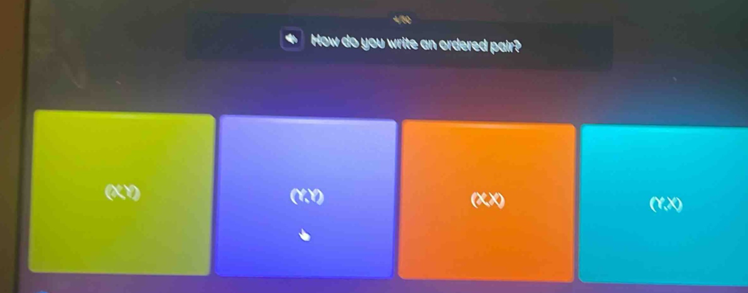 how do you write an ordered pair? options: (x,y), (y,y), (x,x), (y,x)
