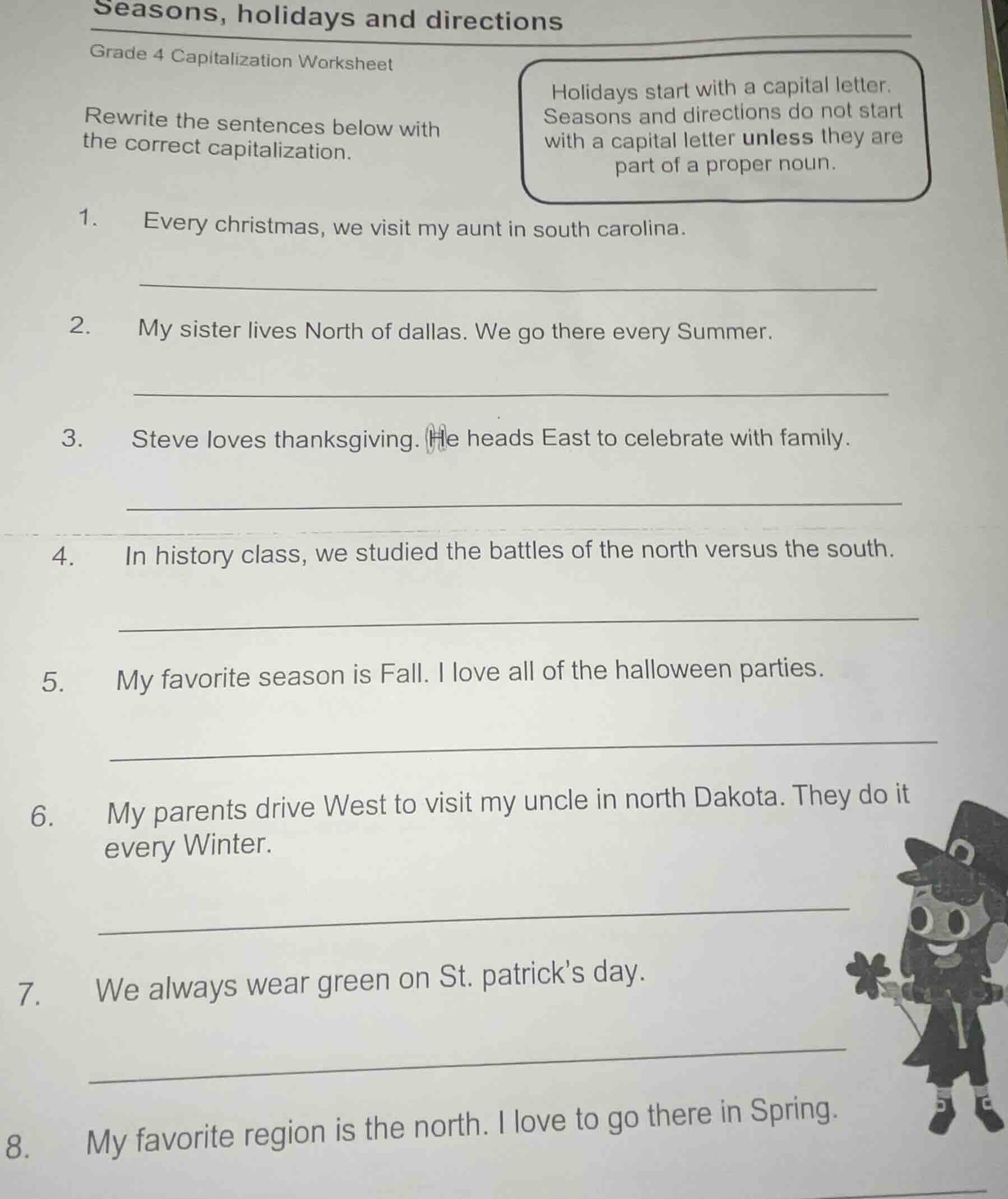 seasons, holidays and directions grade 4 capitalization worksheet rewri…
