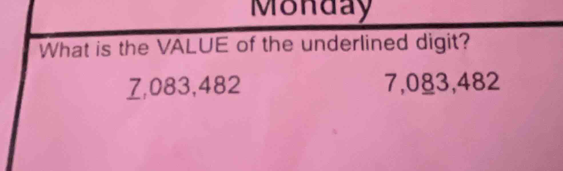 what is the value of the underlined digit? 7,083,482 7,083,482