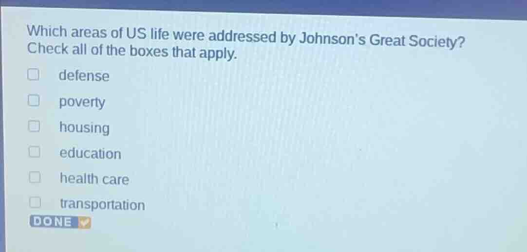 which areas of us life were addressed by johnsons great society? check …