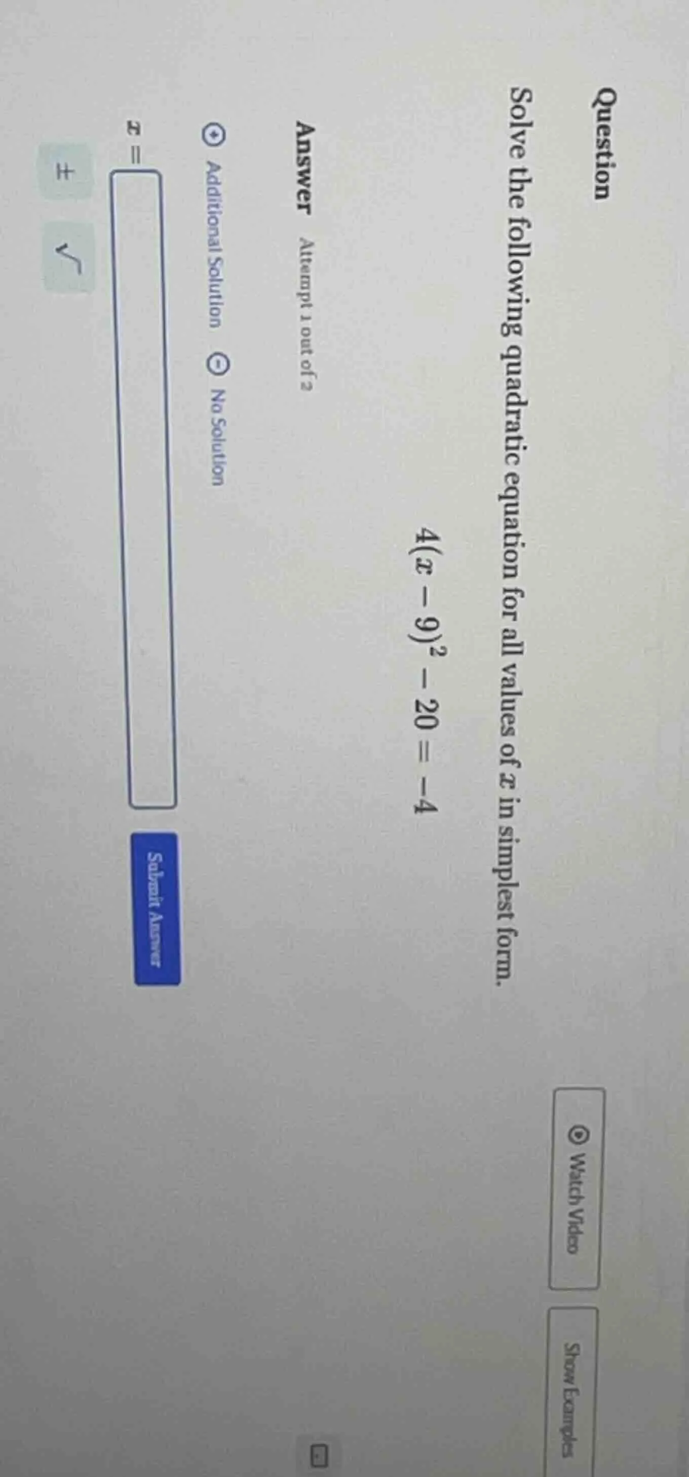 question solve the following quadratic equation for all values of x in …