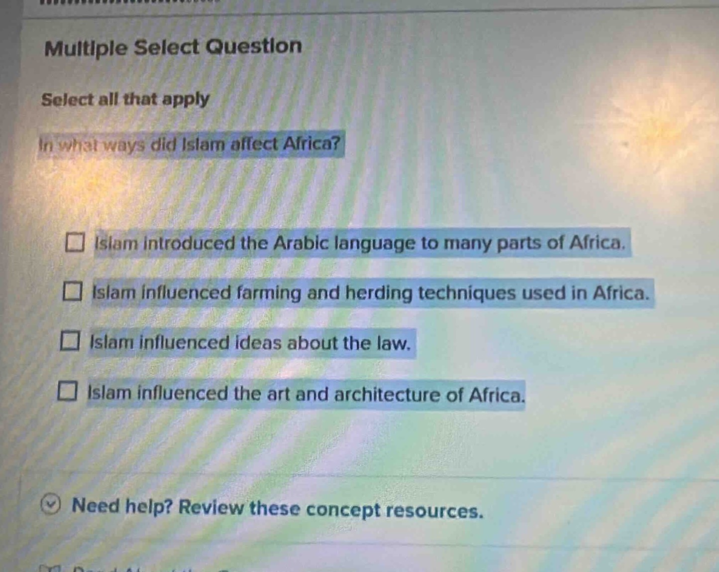multiple select question select all that apply in what ways did islam a…
